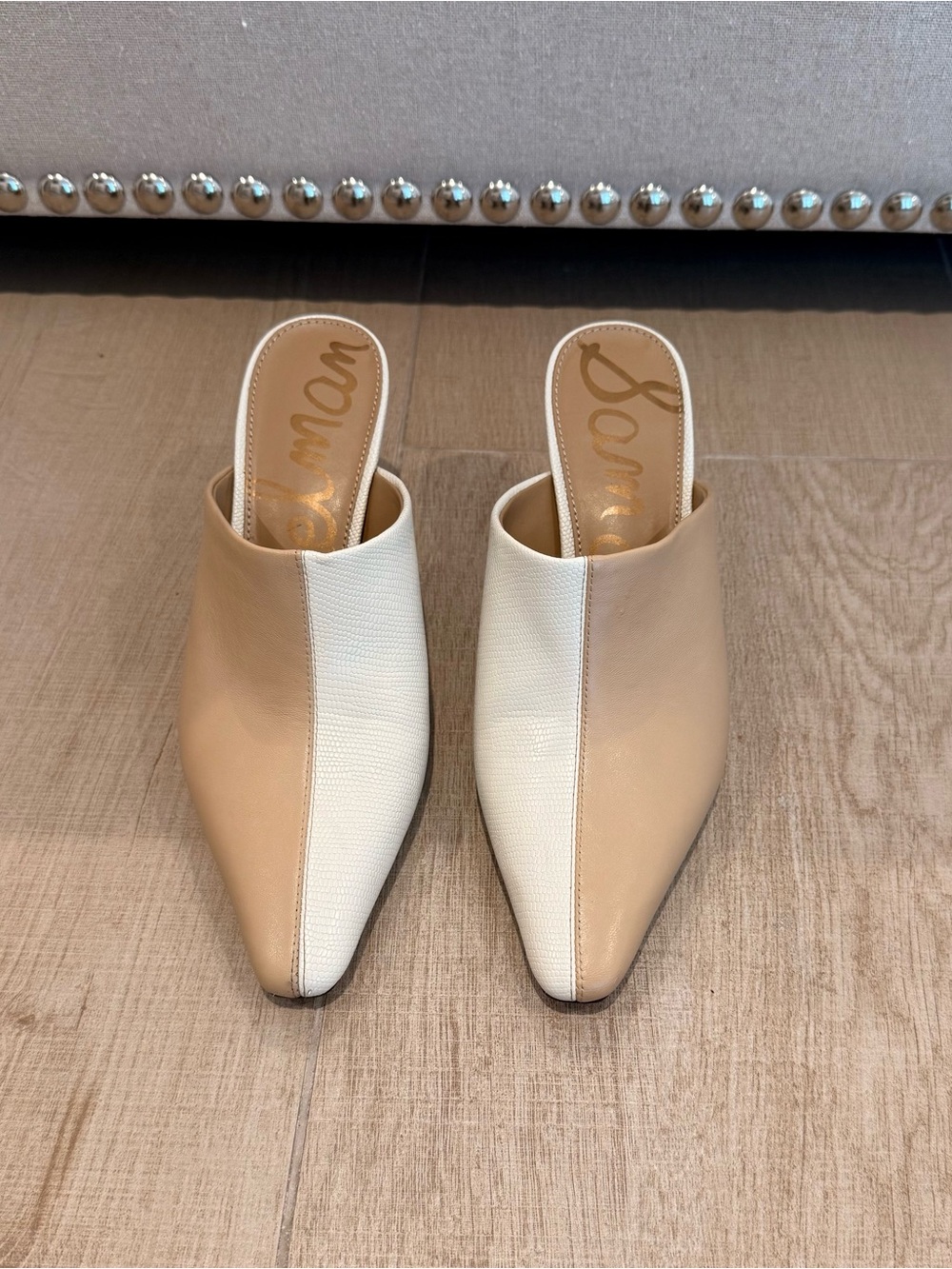 Sam Edelman Skya Ivory and Almond Two-Tone Pointed Leather Mule